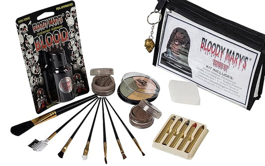 Zombie Makeup Kit By Bloody Mary - Halloween Costume Special Effects Palette - Walking Dead FX Makeup Tools - 5 Crayons, Blood, Setting Powder, 4 Application Brushes, 1 Sponge - Carrying Case Included-VivaGrace Women