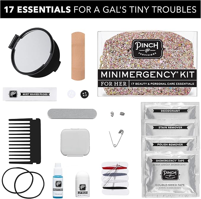 Pinch Provisions Rose Gold Minimergency Kit, includes 17 Travel-Sized Cosmetic Essentials, Convenient for Purses, Emergency Beauty Accessories, Gifts for Holiday’s & Birthday’s-VivaGrace Women