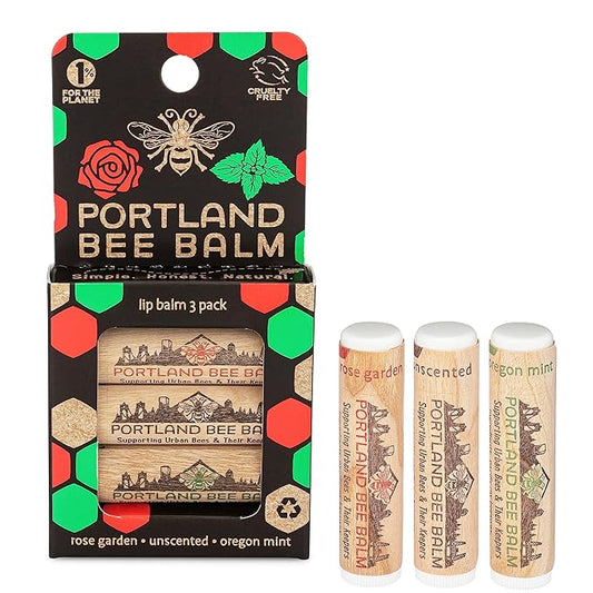 Portland Bee Balm All Natural Handmade Beeswax Based Lip Balm Unscented, Oregon Mint and Rose Assortment 3 Count-VivaGrace Women