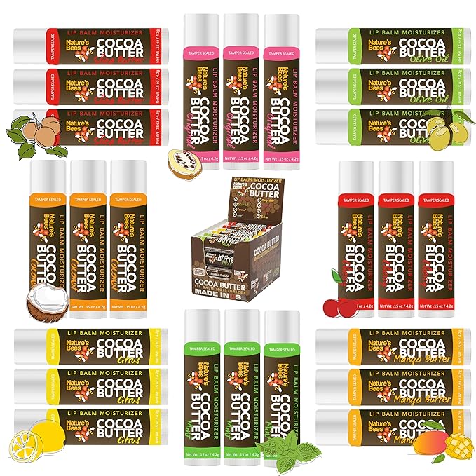 Nature's Bees 24 Pack Lip Balm, Natural Ingredient Lip Balm Bulk, Lip Care Product, Lip Balm for Dry Cracked, Lips, Made in the USA, 8 Flavors, 0.15oz (4.2 g)-VivaGrace Women