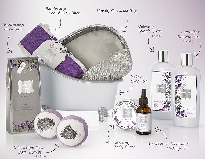 Bath Gift Basket Set for Women: Relaxing at Home Spa Kit Scented - Lavender and Jasmine with Large Bath Bombs, Salts, Shower Gel, Body Butter Lotion, Bath Oil, Bubble Bath, Loofah & More-VivaGrace Women