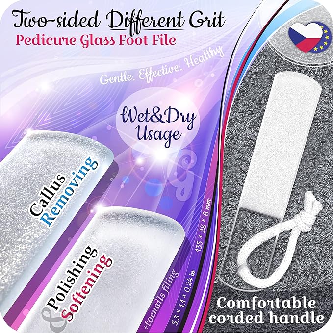 Genuine Czech Glass Foot File by GLADZY - Gentle Callus Remover Foot Rasp, Pedicure & Spa Rough Skin Scrubber, Two-Sided Etched Different Grit Surface, Professional Toenail & Heels Care, Made in EU-VivaGrace Women