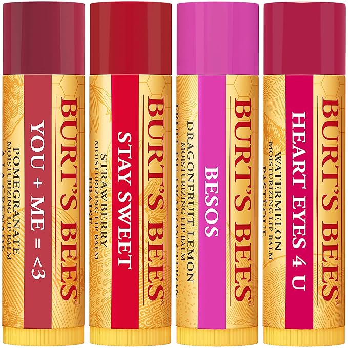 Burt's Bees Bee Mine Lip Balm Gift Set, Strawberry, Dragonfruit Lemon, Pomegranate and Watermelon, 4 Personalized Lip Balms, Pack May Vary-VivaGrace Women