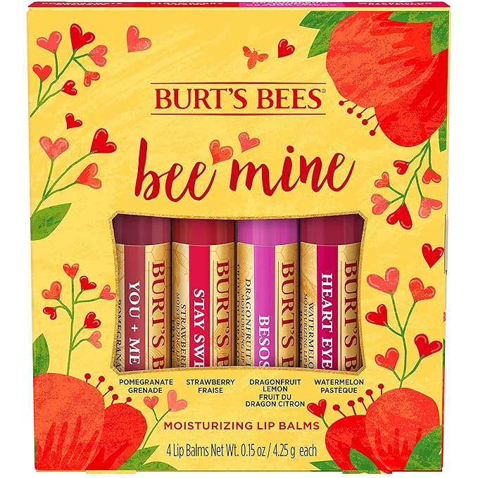 Burt's Bees Bee Mine Lip Balm Gift Set, Strawberry, Dragonfruit Lemon, Pomegranate and Watermelon, 4 Personalized Lip Balms, Pack May Vary-VivaGrace Women