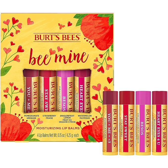 Burt's Bees Bee Mine Lip Balm Gift Set, Strawberry, Dragonfruit Lemon, Pomegranate and Watermelon, 4 Personalized Lip Balms, Pack May Vary-VivaGrace Women