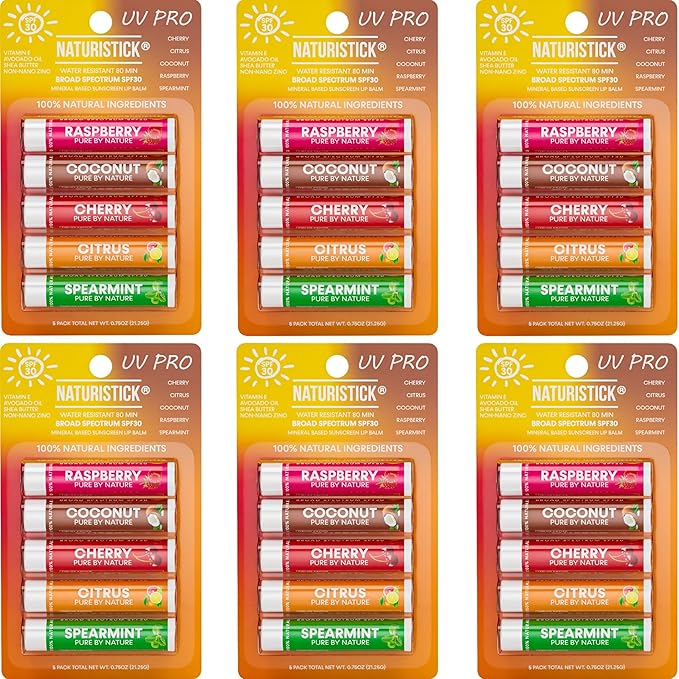 Naturistick SPF 30 Vegan Lip Balm – Mineral Sunscreen (Zinc Oxide) | Broad Spectrum UVA/UVB | 100% Natural, Coral-Friendly Formula | 30-Pack Raspberry, Coconut, Cherry, Citrus, Spearmint | Made in USA-VivaGrace Women