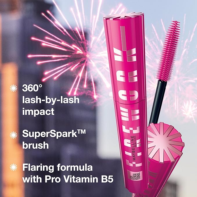 Maybelline Lash Sensational Firework Washable Mascara, Lengthening & Volumizing Mascara for up to 24HR wear, Blackest Black, 1 Count