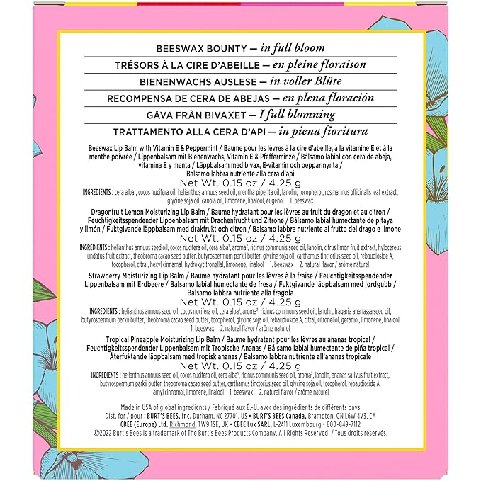 Burt's Bees Gifts Ideas - In Full Bloom Lip Balm Set, Original Beeswax, Dragonfruit Lemon, Tropical Pineapple & Strawberry, Natural Origin Lip Treatment, 4 Tubes, 0.15 oz.-VivaGrace Women