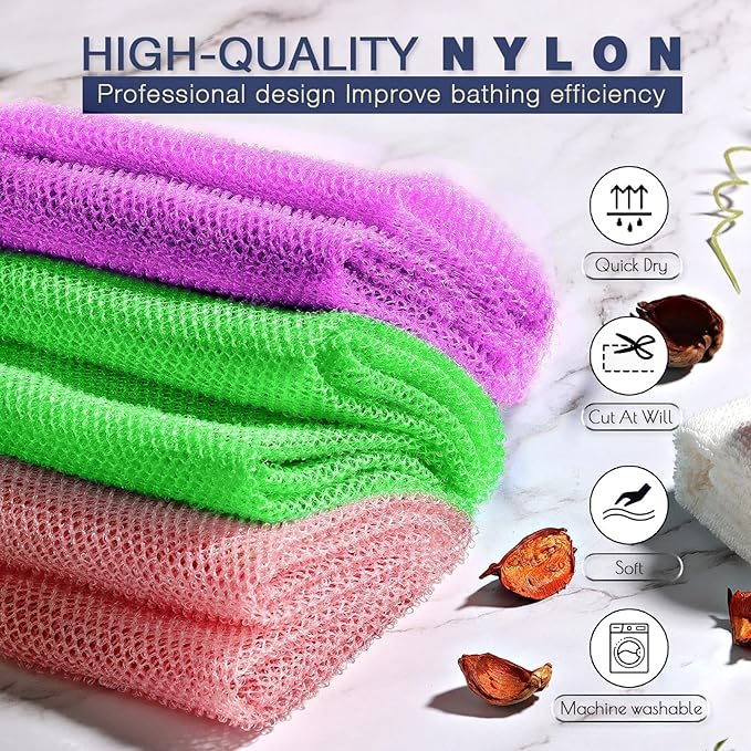 UJFQBH 3 Pieces African Bath Sponge African Net Long Net Bath Sponge Exfoliating Shower Body Scrubber Back Scrubber Skin Smoother,Great for Daily Use (Purple， Pink，Green)-VivaGrace Women