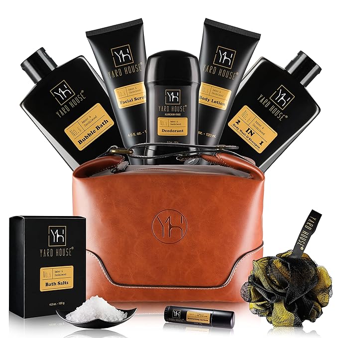Bath and Body Gift Set for Men - Sandalwood Amber - Birthday, Christmas, Fathers Day Gifts From Wife Daughter Son for Husband, Dad - Relax Spa Kit w. Full Size Items in Deluxe Toiletry Bag-VivaGrace Women