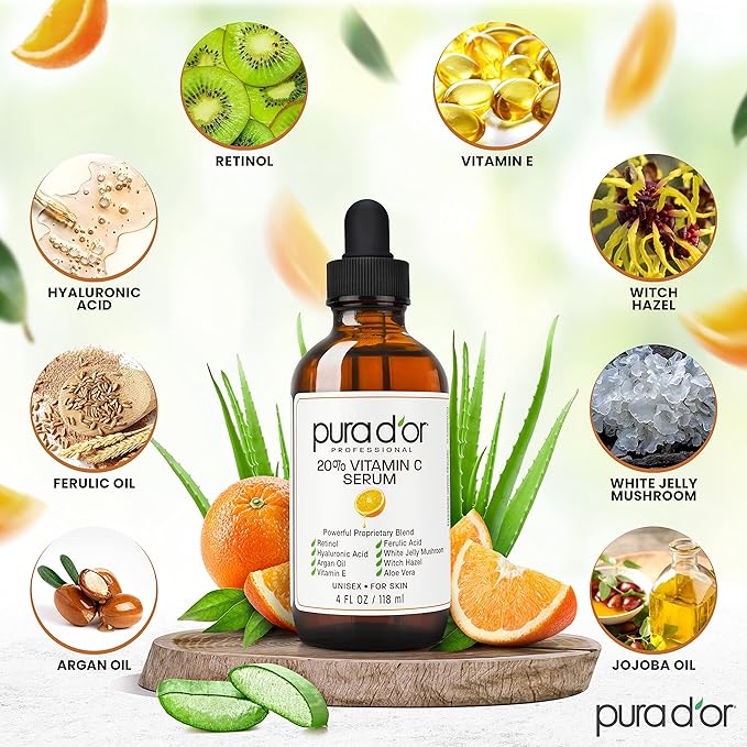 PURA D'OR 20% Vitamin C Serum 4 Oz - Lightweight Maximum Strength Formula - Retinol, Hyaluronic Acid, Ferulic Acid - Professional Grade Treatment For Face & Eyes, Wrinkles - Men & Women-VivaGrace Women