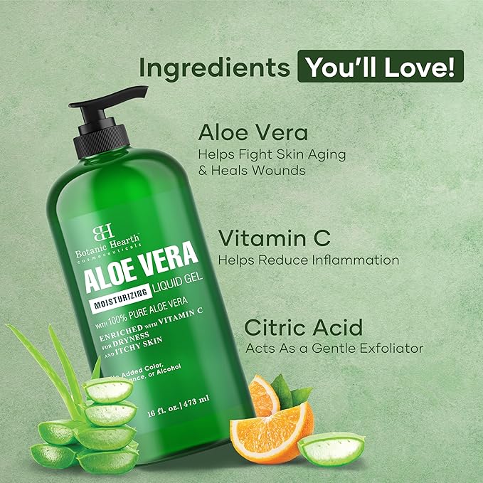 Botanic Hearth Aloe Vera Moisturizing Liquid Gel – 100% Pure Aloe, Enriched with Vitamin C for Dry & Itchy Skin – No Added Color, Fragrance, or Alcohol – 16 fl. oz-VivaGrace Women