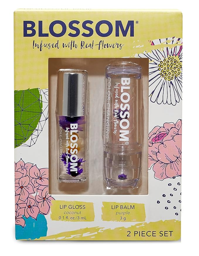 Blossom Moisturizing Custom Color Changing Crystal Lip Balm Strawberry Scented Lip Stain Tint, Mini Coconut Rollon Scented Lip Gloss, Infused with Real Flowers, 2 pk, Coconut/Purple-VivaGrace Women