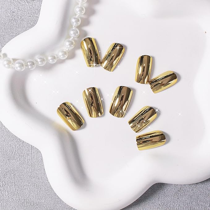 Gold Chrome Square Press on Nails Short Medium,KQueenest Mirror Metal Plating False Acrylic Nails Press Ons,Metallic Fake Nails,Natural Fit Glue on Nails Medium Length for Women