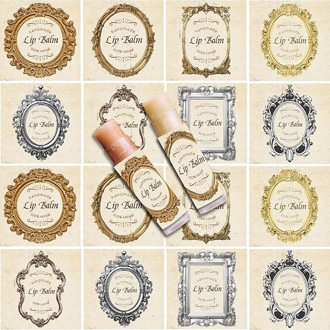 CRASPIRE 80Pcs 8 Styles Lip Balm Sticker Retro Photo Frame Self-Adhesive Homemade Lip Balm Labels Vintage Square DIY Label Stickers for Lip Balm Containers Cosmetics Lipsticks-VivaGrace Women