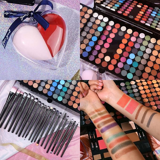 Makeup Gift Sets For Women - 190 Colors Makeup Palette Include Eyeshadow, Blushes, Eyebrow Powder,Eye Pencil,Mirror+20Pcs Makeup Brushes+Eyeshadow Primer+2Pcs Sponge Puff Make Up Set (Makeup Set A)-VivaGrace Women