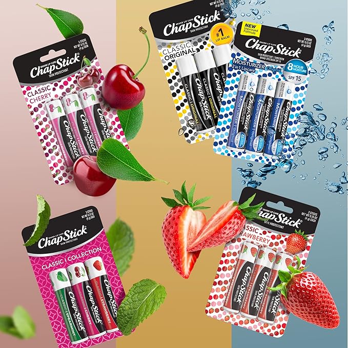 ChapStick Classic Collection Flavored Lip Balm Tubes Pack, Lip Moisturizer - 0.15 Oz (Box of 5 Packs of 3)-VivaGrace Women
