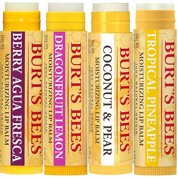 Burt's Bees Lip Balm - Berry Agua Fresca, Dragonfruit Lemon, Coconut & Pear, Tropical Pineapple Pack, With Beeswax, Tint-Free, Natural Origin Lip Treatment, 4 Tubes, 0.15 oz.-VivaGrace Women