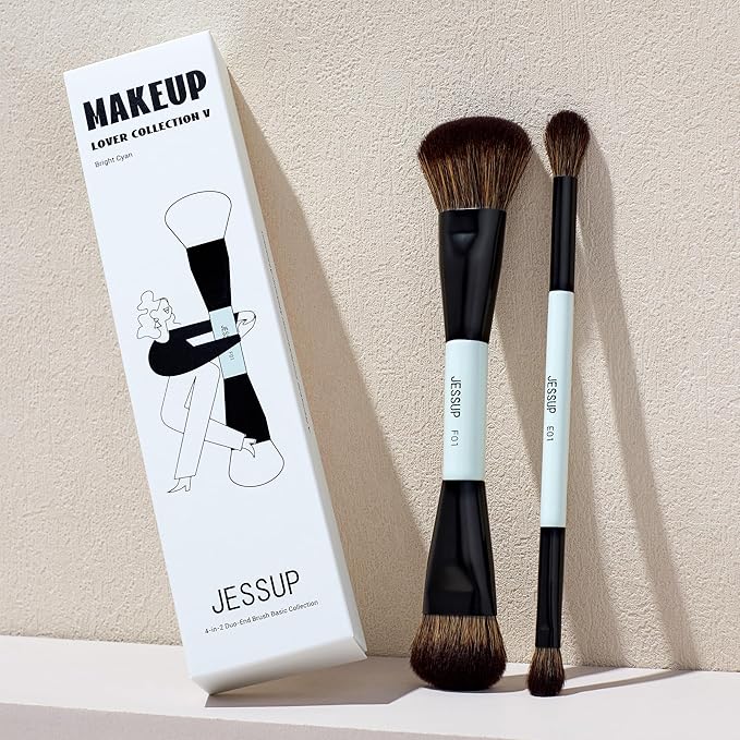 Jessup Makeup Brushes 2pcs Double Sided Foundation Brush Contour Brush Dual Ended Eye Blending Brush, Multi-functional Cosmetic Brush Bright Cyan T502-VivaGrace Women