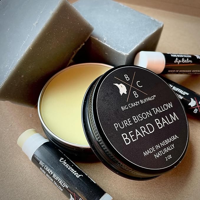 Pure Bison Tallow Beard Gift Set - Shave Bar, Beard Balm, Unscented Lip Balm - Conditions, Strengthens, Moisturizes, Soothes, Softens, Naturally Derived, No Dyes, Naturally Derived-VivaGrace Women