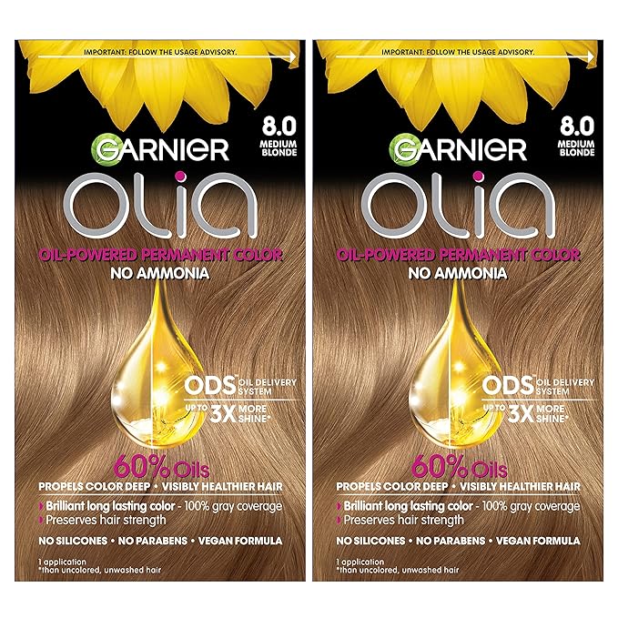 Garnier Hair Color Olia Ammonia-Free Brilliant Color Oil-Rich Permanent Hair Dye, 8.0 Medium Blonde, 2 Count (Packaging May Vary)-VivaGrace Women