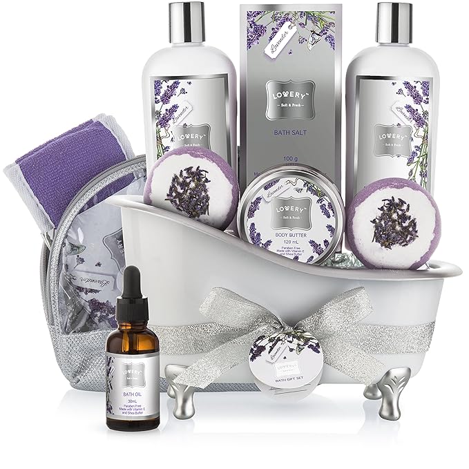 Bath Gift Basket Set for Women: Relaxing at Home Spa Kit Scented - Lavender and Jasmine with Large Bath Bombs, Salts, Shower Gel, Body Butter Lotion, Bath Oil, Bubble Bath, Loofah & More-VivaGrace Women