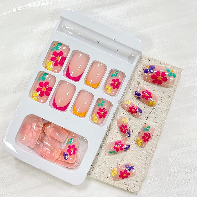 French Tip Press on Nails Square Short Fake Nails Pink False Nails with Colorful Designs Glossy Acrylic Nails Spring Summer Floral Glue on Nails for Women Nail Art Decorations