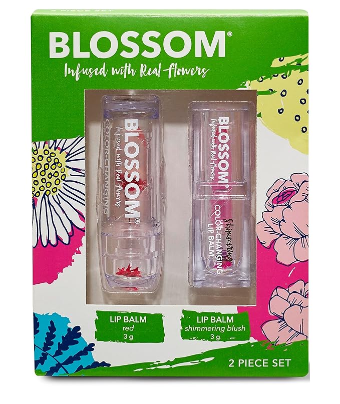 Blossom Moisturizing Custom Color Changing 2 pack, Strawberry Scented Crystal Lip Balm (Red), Shimmer Sparkle Lip Stain Tint (Blush), Infused with Real Flowers, 6g, Red/Blush-VivaGrace Women