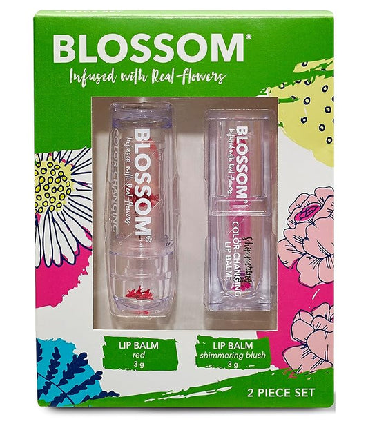 Blossom Moisturizing Custom Color Changing 2 pack, Strawberry Scented Crystal Lip Balm (Red), Shimmer Sparkle Lip Stain Tint (Blush), Infused with Real Flowers, 6g, Red/Blush-VivaGrace Women