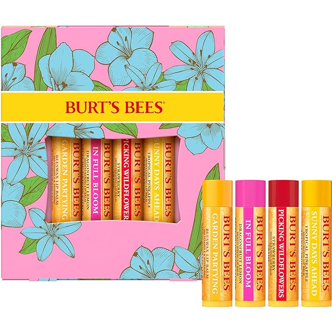 Burt's Bees Gifts Ideas - In Full Bloom Lip Balm Set, Original Beeswax, Dragonfruit Lemon, Tropical Pineapple & Strawberry, Natural Origin Lip Treatment, 4 Tubes, 0.15 oz.-VivaGrace Women