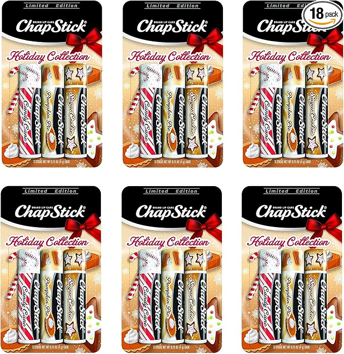 ChapStick Holiday Collection - Candy Cane, Pumpkin Pie & Sugar Cookie Flavors - Blister Pack of 3 Sticks 0.15 Each - Pack of 6 = 18 Sticks, Great Holiday Gift 3 Count (Pack of 6)-VivaGrace Women