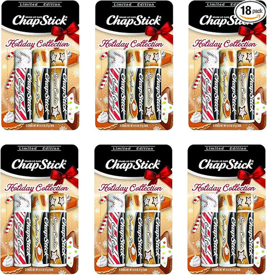 ChapStick Holiday Collection - Candy Cane, Pumpkin Pie & Sugar Cookie Flavors - Blister Pack of 3 Sticks 0.15 Each - Pack of 6 = 18 Sticks, Great Holiday Gift 3 Count (Pack of 6)-VivaGrace Women