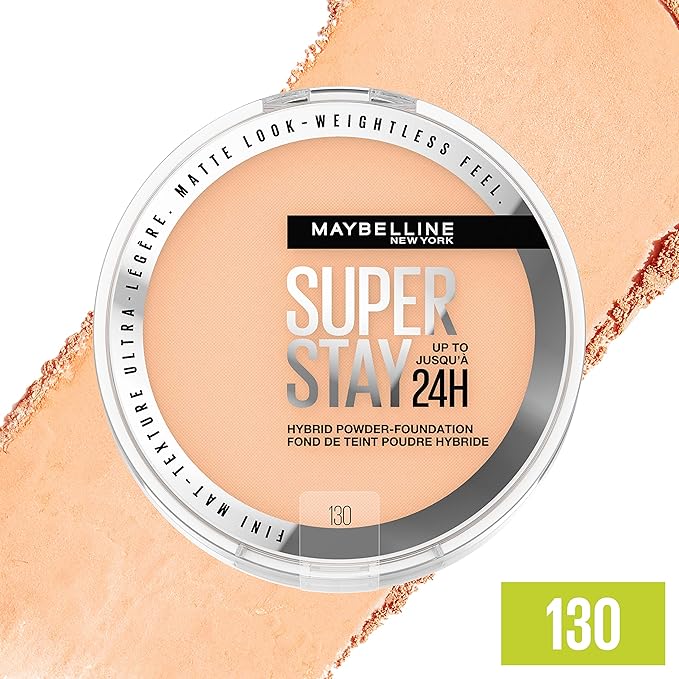 Maybelline Super Stay Up to 24HR Hybrid Powder-Foundation, Medium-to-Full Coverage Makeup, Matte Finish, 130, 1 Count-VivaGrace Women