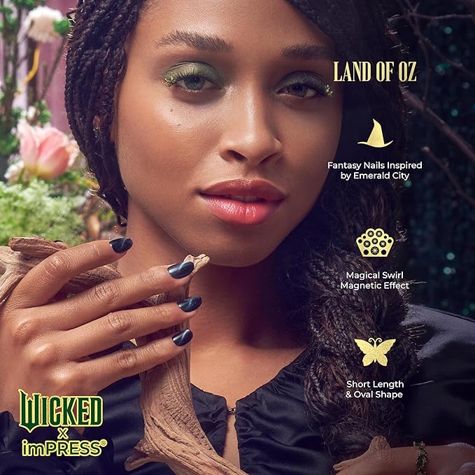 WICKED X imPRESS Design Press On Nails , The EASIEST NO GLUE Mani, Super Hold Adhesive, ‘Land of OZ’, Green, Short Oval, Includes 30 Fake Nails, 1 Prep Pad, 1 Manicure Stick, 1 Mini File