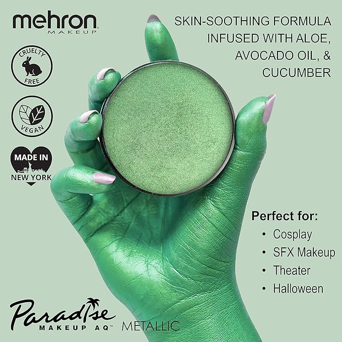 Mehron Paradise FX Metallics – Metallic Green 1.4 oz | Professional Water Activated Shimmering Metallic Paint for Raves, Costumes, Special Effects, Halloween, Stage, Screen, Theater & Cosplay FX-VivaGrace Women