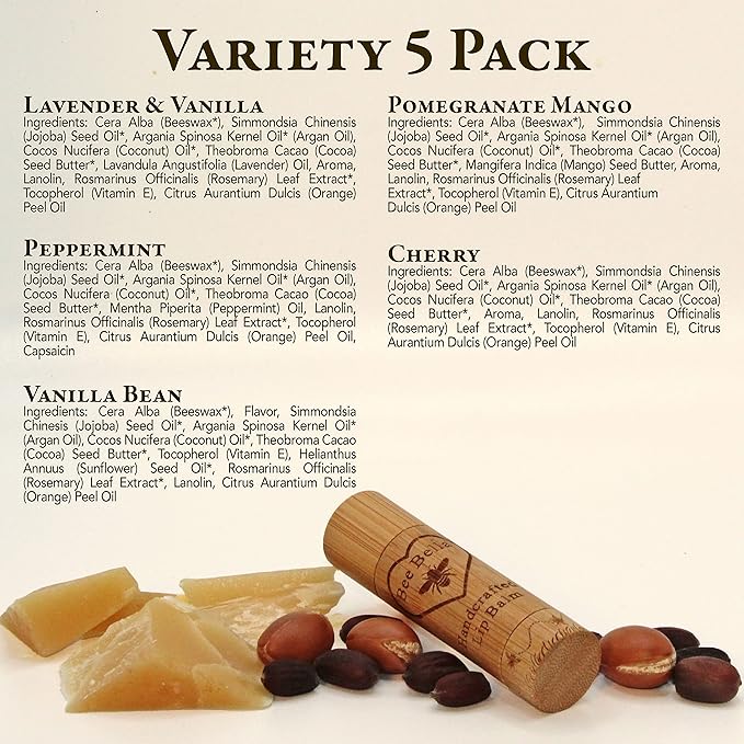 Bee Bella Lip Balm Variety Pack Gift Set, Cherry, Pomegranate Mango, Vanilla Bean, Peppermint, & Lavender Vanilla, 5 Pack - Hydrating, Moisturizing, Natural, Organic Beeswax, Vitamin E, Made in USA-VivaGrace Women