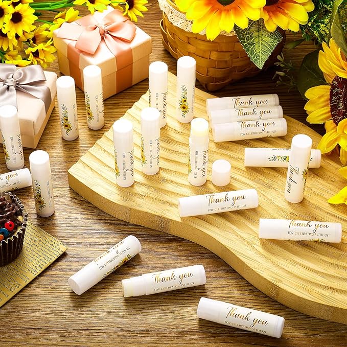 Dunzy 50 Pcs Thank You Gift Lip Balm Bulk Baby Shower Party Favors Bridal Shower Favor Lip Care with Assorted Fruit Flavors Thank You Lipstick for Guest Basket Gift Stuffer (Sunflower)-VivaGrace Women