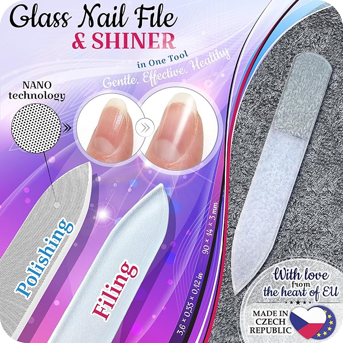 GLADZY Czech Glass Nail File Set - Multifunctional Nail Shiner Buffer, Callus Remover Foot Rasp, Glass Cuticle Pusher Manicure Stick, Etched Surface, Professional Nail Care Tool, Made in EU-VivaGrace Women
