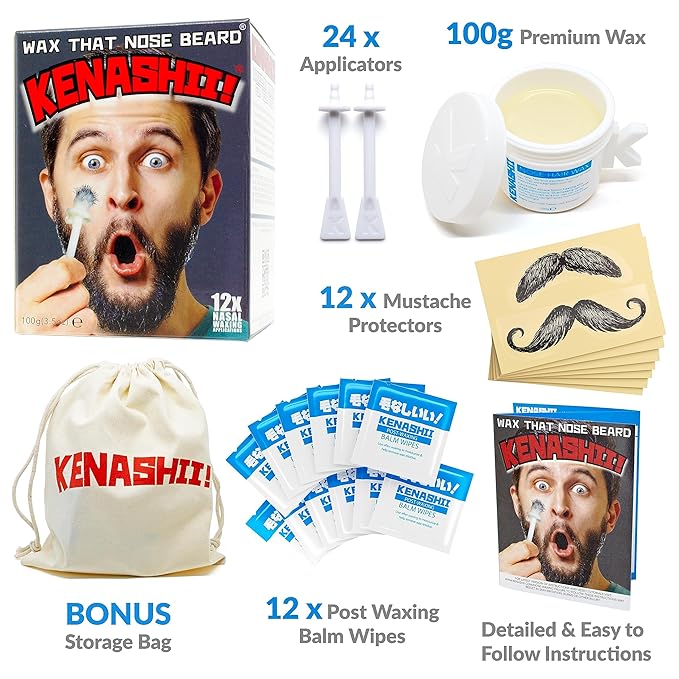 KENASHII Nose Wax Kit | 100 g Wax, 24 Applicators | Hair Removal Kit for Men and Women | Includes Balm Wipes and Mustache Guards | Lasts up to 5 Weeks-VivaGrace Women