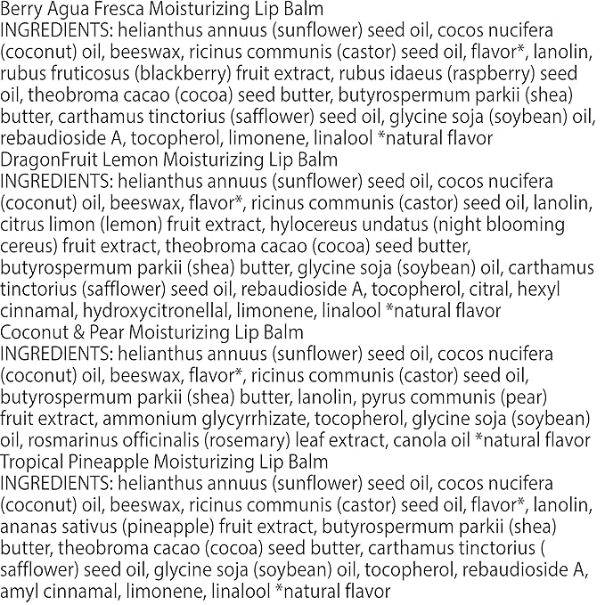 Burt's Bees Lip Balm - Berry Agua Fresca, Dragonfruit Lemon, Coconut & Pear, Tropical Pineapple Pack, With Beeswax, Tint-Free, Natural Origin Lip Treatment, 4 Tubes, 0.15 oz.-VivaGrace Women