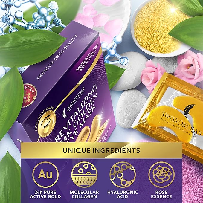 SWISSÖKOLAB Under Eye Patches For Puffy Eyes 24k Gold Eye Mask Dark Circles And Puffiness Collagen Eye Gel Pads Moisturizing & Reducing Wrinkles Anti-Aging Hyaluronic Acid (Revitalising)-VivaGrace Women