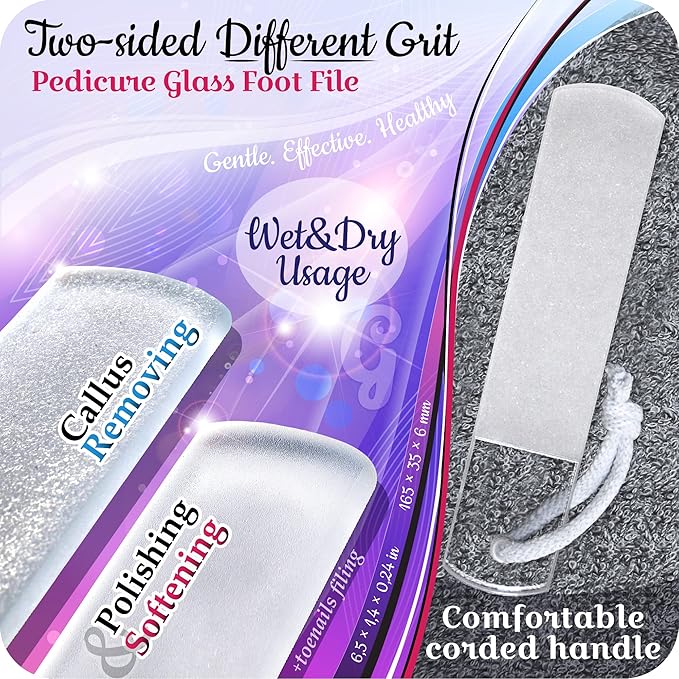 Genuine Czech Glass Foot File by GLADZY - Gentle Callus Remover Foot Rasp, Pedicure & Spa Rough Skin Scrubber, Two-Sided Etched Different Grit Surface, Professional Toenail & Heels Care, Made in EU-VivaGrace Women