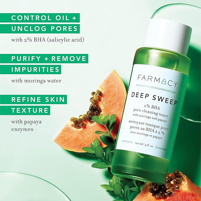 Farmacy 2% Salicylic Acid Toner for Face - Deep Sweep Gentle BHA Exfoliant for Oily Skin - Refines Texture with Papaya Enzymes & Moringa Water for a Healthy-Looking Complexion (100ml)-VivaGrace Women