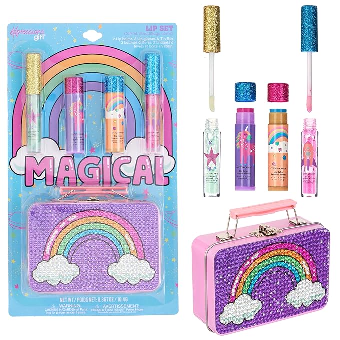Expressions 5pc Rainbow Rhinestones Cosmetics Lip Kit For Kids w/Lip Glosses, Lip Balms & Tin Box Storage Case Magical Lip Set,Washable + Non Toxic-VivaGrace Women