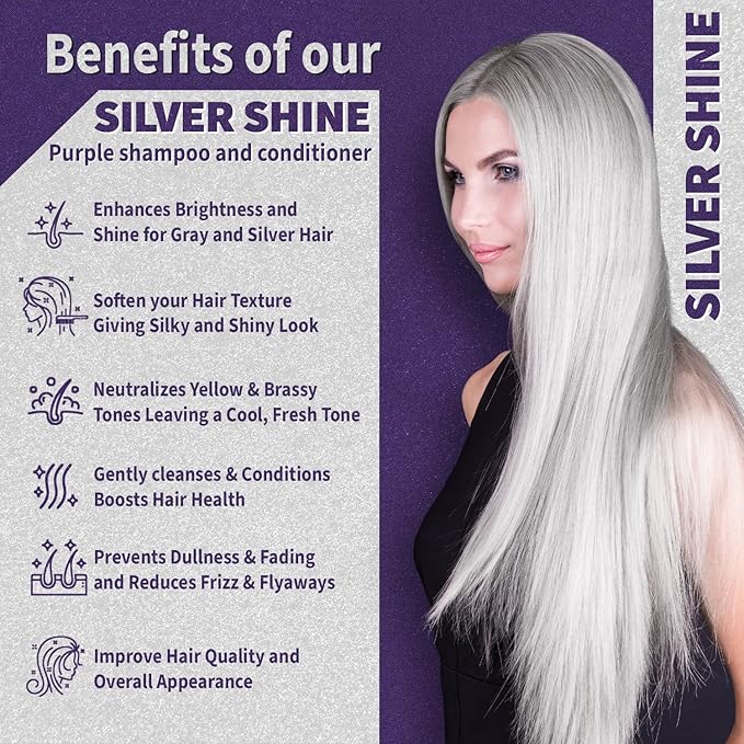 Natural Riches Radiant Silver Shine Purple Shampoo and Conditioner Set for Gray Hair - Paraben-Free and Color Safe – With Silk Proteins, Tones Dull Hair, Softens & Adds Shine - 16 fl oz-VivaGrace Women