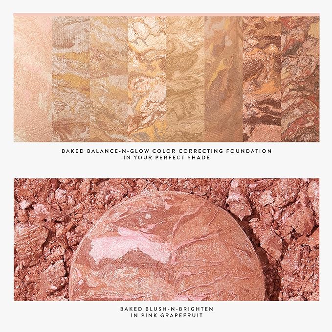 LAURA GELLER NEW YORK Baked Balance-N-Glow Illuminating Powder Foundation, Medium + Retractable Kabuki Brush + Baked Blush-N-Brighten, Pink Grapefruit-VivaGrace Women