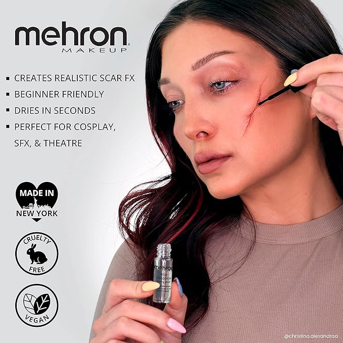 Mehron Makeup Rigid Collodion with Brush | Scarring Liquid | Liquid Scar Makeup | SFX Scar for Film .125 oz (4ml)-VivaGrace Women