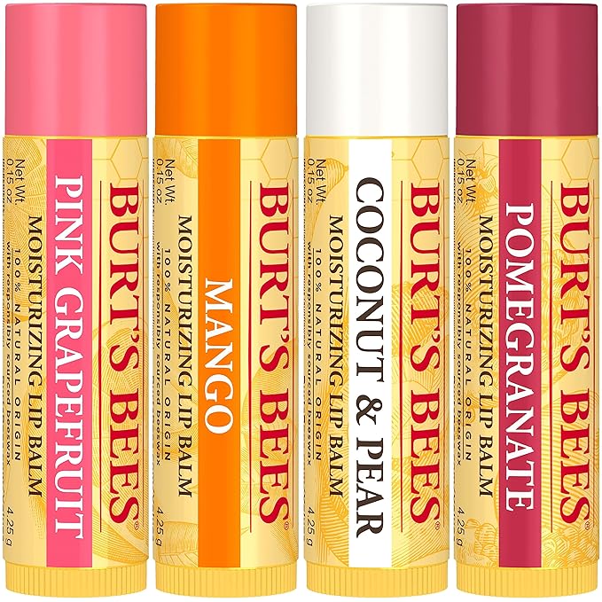 Burt's Bees Lip Balm - Pink Grapefruit, Mango, Coconut & Pear, and Pomegranate Pack, Lip Moisturizer With Beeswax, Tint-Free, Natural Origin Conditioning Lip Treatment, 4 Tubes, 0.15 oz.-VivaGrace Women