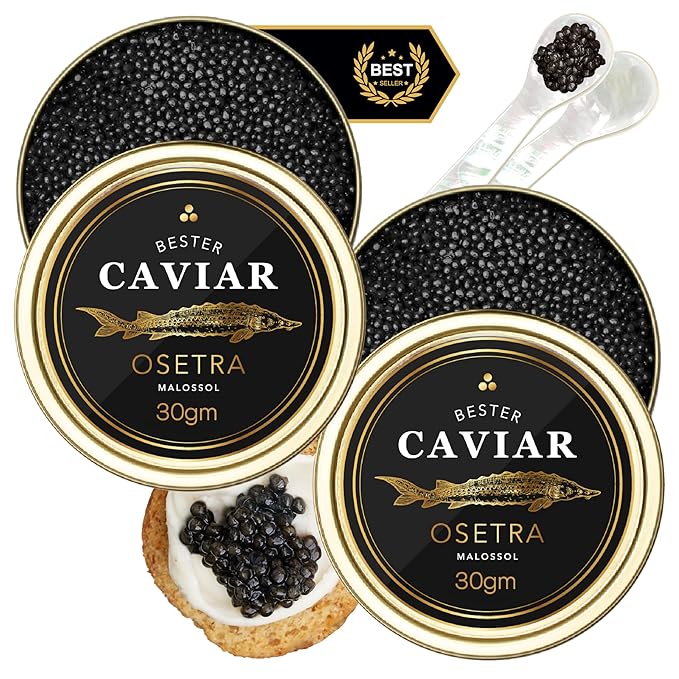 OVERNIGHT GUARANTEED, BESTER Premium Russian Osetra Sturgeon Caviar - 2x 1 oz-30G (Duo Pack) 2 tins of 30g each - Malossol Ossetra Black Roe - Premium Quality, Traditional Style, imported-VivaGrace Women