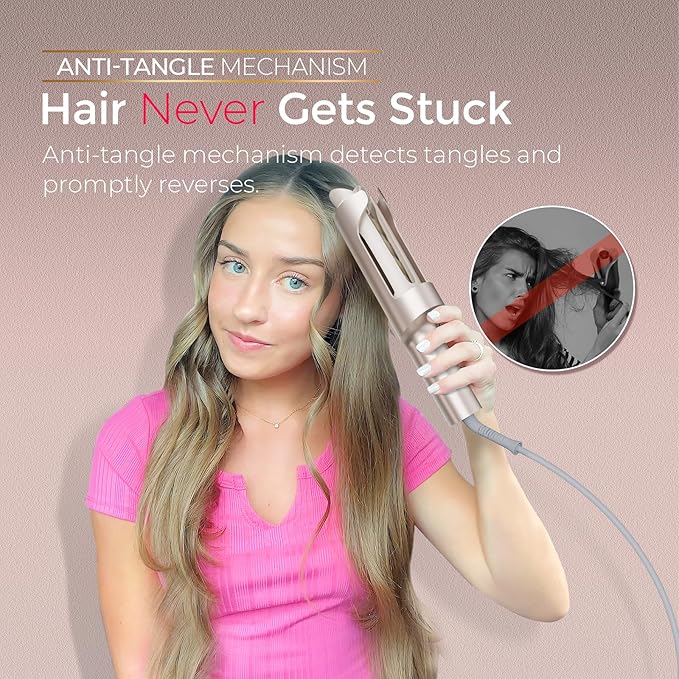 Upgraded Automatic Rotating Curling Iron - TYMO CurlPro Plus Long Barrel Curling Wand for Long Hair, Ceramic Hair Curler for Women, Anti-Scald, Tangle-Free, 600M Ionic, Dual Voltage, Gold, 1 1/4 Inch-VivaGrace Women